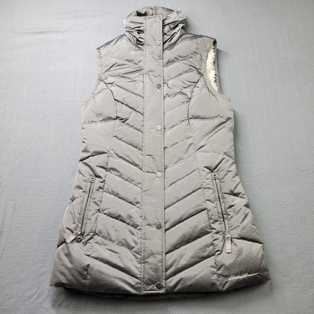 Eddie Bauer Sun Valley Puffer Vest Womens XS Gray Quilted Faux Fur Lined Down